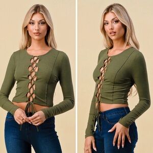 Lace up olive green crop top long sleeve top